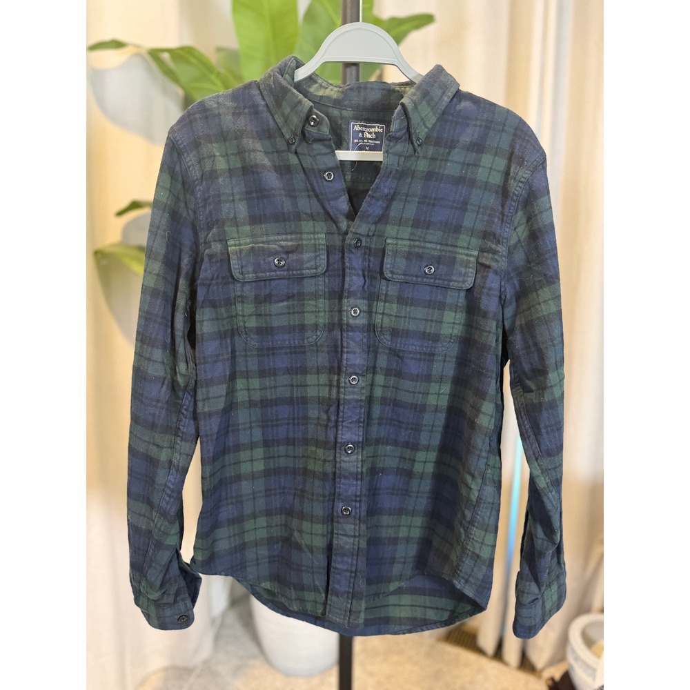Abercrombie & Fitch Mens Flannel Shirt Medium Navy Green Black Watch Plaid